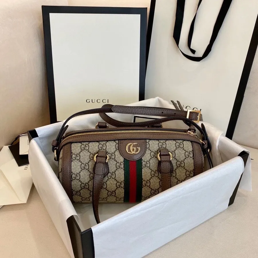 Τσάντα κυλίνδρου Gucci Ophidia 20cm, δέρμα μοσχαριού συλλογή φθινόπωρο/χειμώνας 2020, καφέ