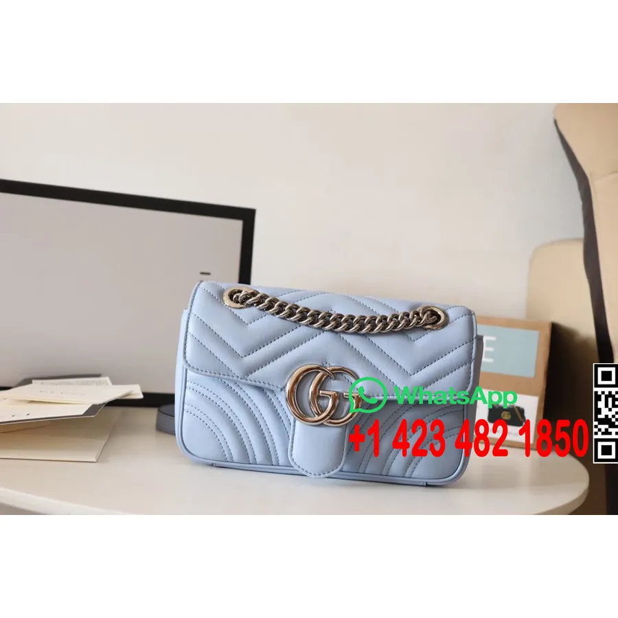 Gucci Marmont Omuz Çantası 23cm 446744 Dana Derisi İlkbahar/Yaz 2020 Koleksiyonu, Gök Mavisi