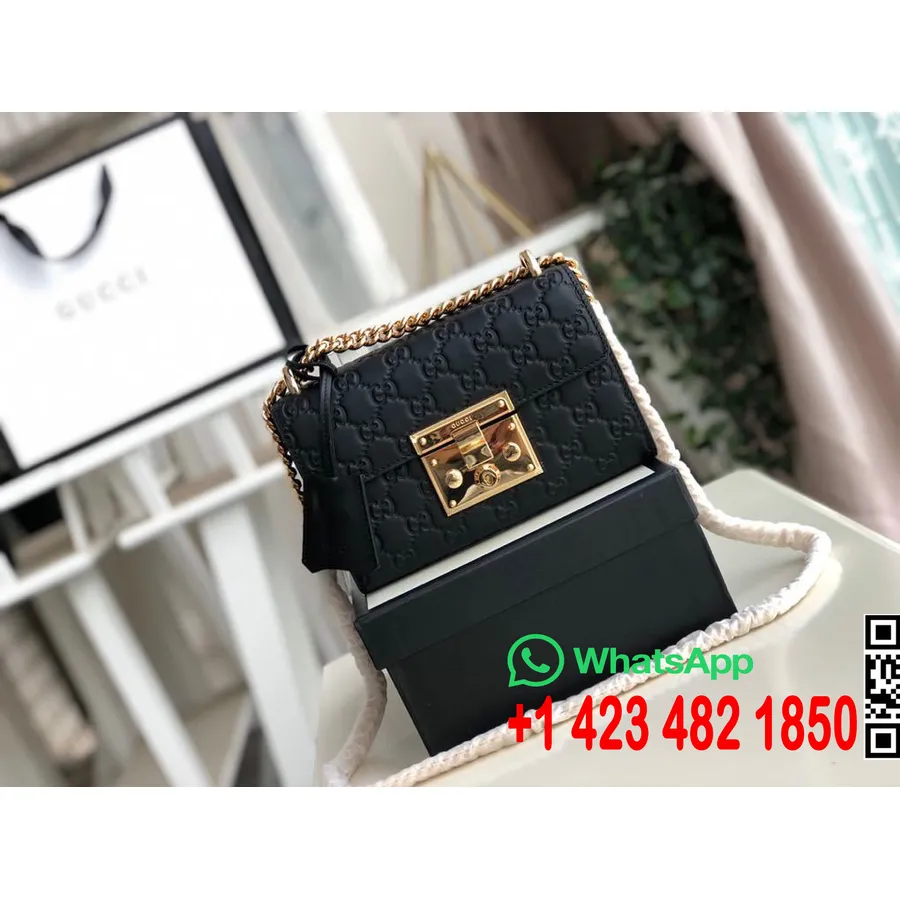 Gucci GG Embossed Padlock Shoulder Bag 20cm 409487 Calfskin Leather Spring/Summer 2020 Collection, Black