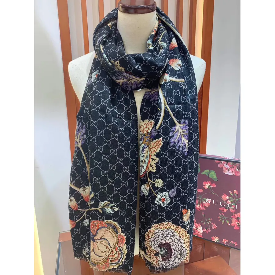 Gucci Floral Jacquard Cashmere Scarf 200cm Fall/Winter 2019 Collection, Black/Multi