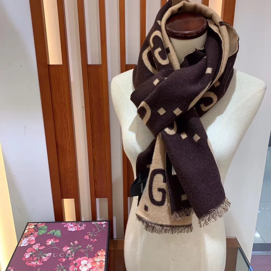 Gucci GG Jacquard Scarf Wool Silk 180cm Fall/Winter 2019 Collection, Dark Brown/Beige