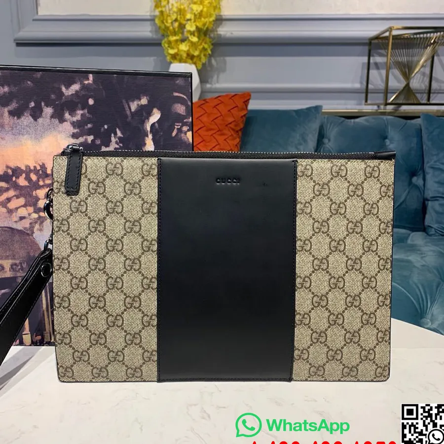 Gucci Guccissima Motif Zip Pouch 30cm Trim Kulit Kanvas Koleksi Musim Gugur/dingin 2019, Coklat/hitam