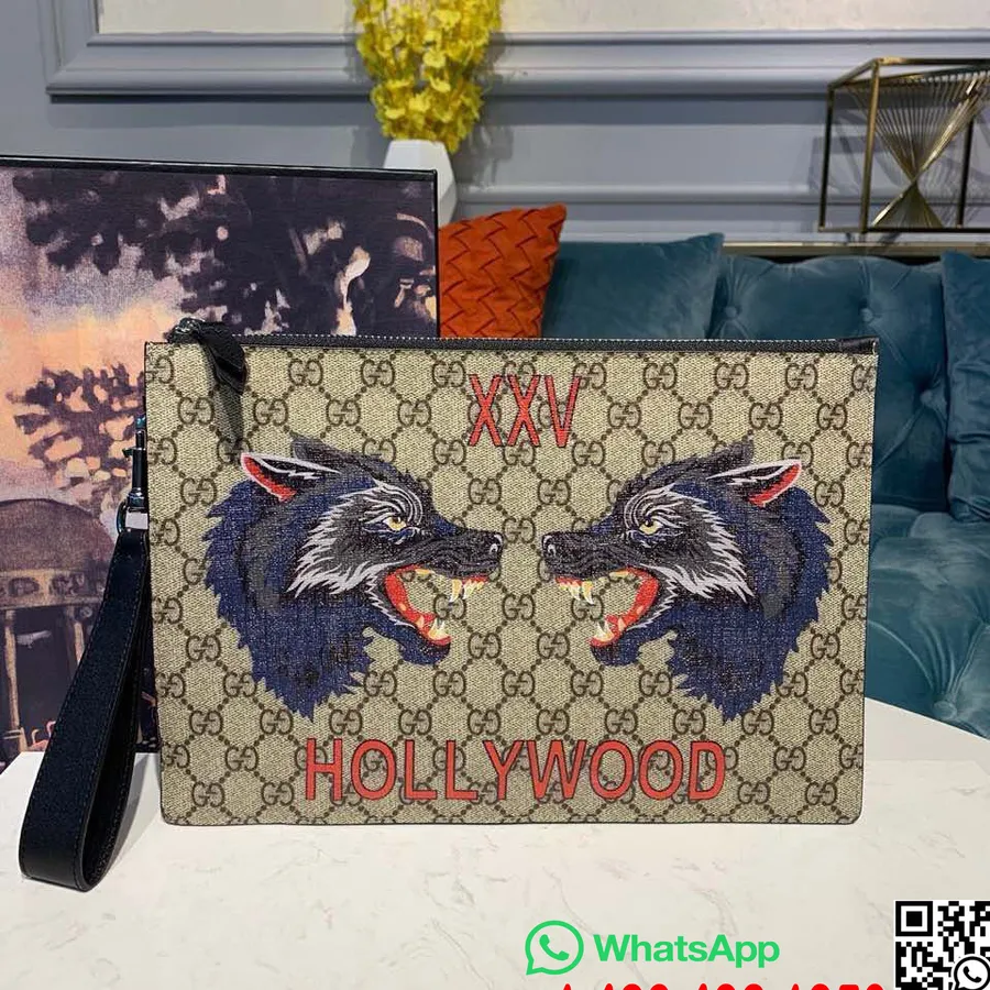 τσάντα με φερμουάρ με μοτίβο λύκου Gucci 30cm, δερμάτινη επένδυση καμβάς συλλογή φθινόπωρο/χειμώνας 2019, καφέ