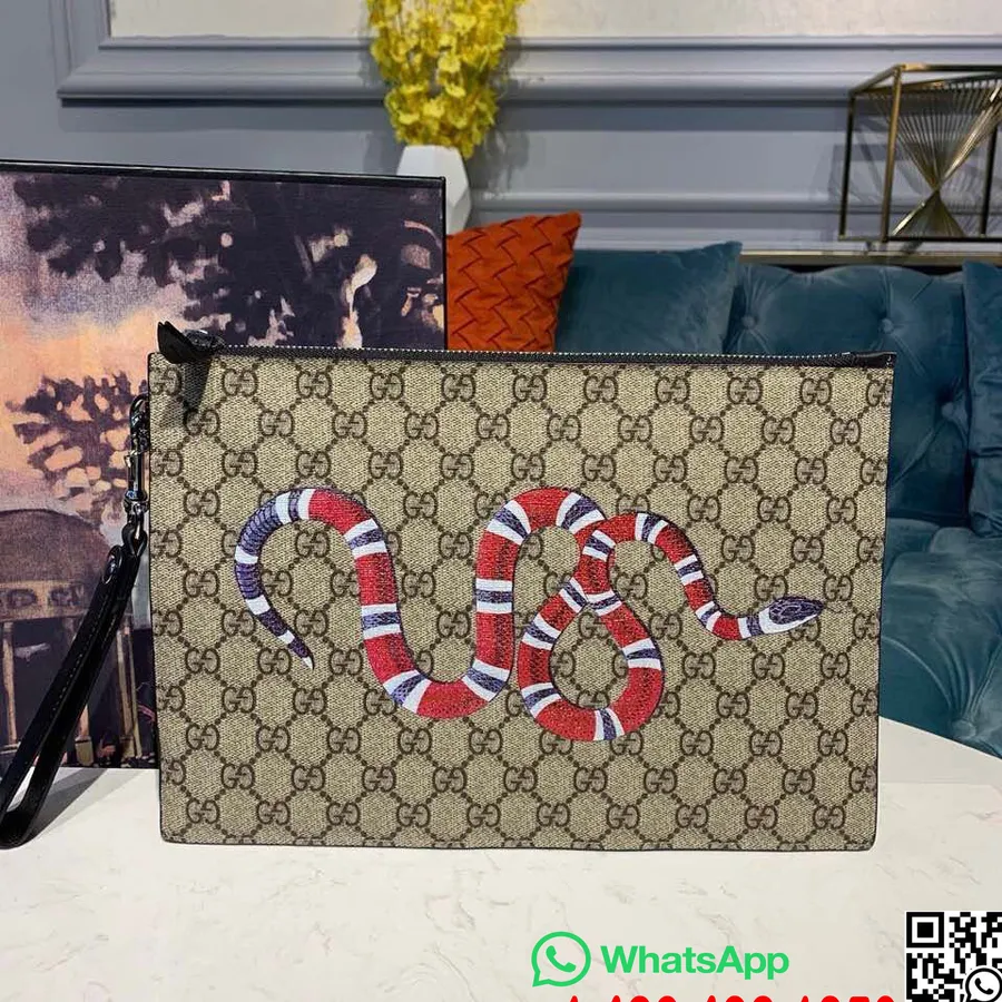 Gucci Snake Motiv Lynlås Pose 30 Cm Læder Kant Lærred Efterår/vinter 2019 Kollektion, Brun