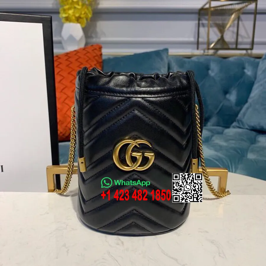 Gucci Gg Marmont Matelasse Mini Bucket Bag 18cm 575163 Sileä Vasikannahka Pre-fall/talvi 2019 Kokoelma, Musta