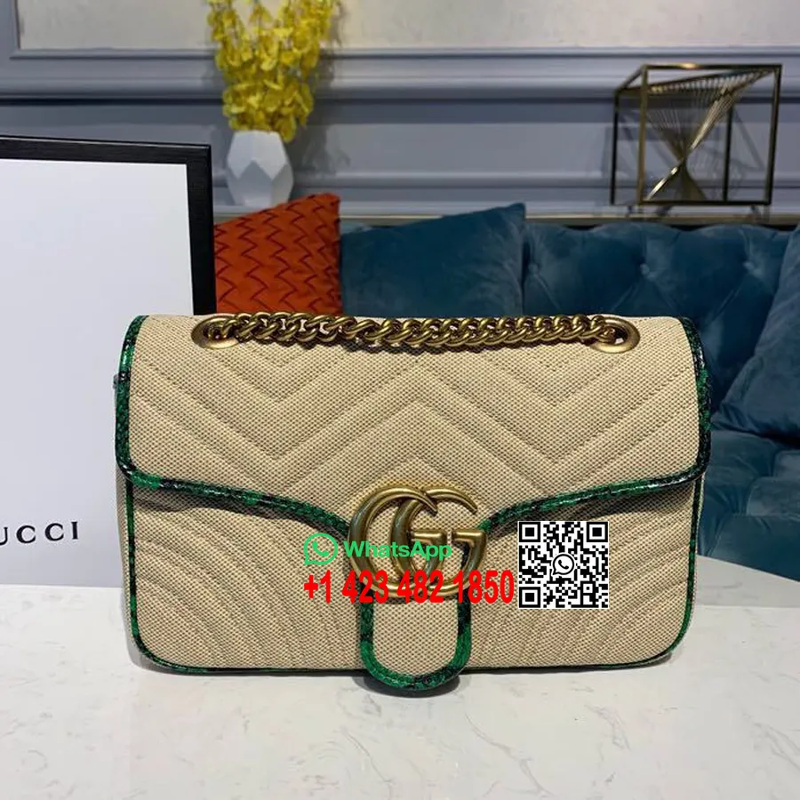 Gucci Gg Marmont Raffia Strå Skuldertaske 26cm 443497 Før Efterår/vinter 2019 Kollektion, Grøn/beige