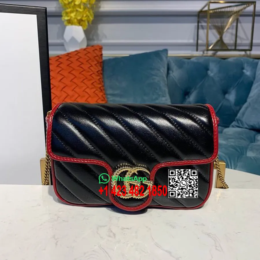 Gucci Marmont Dijagonalna Matelasse Torba Za Rame 18 Cm 443497 Kolekcija Od Teleće Kože Pred Jesen/zima 2019., Crno/cerise Obrub