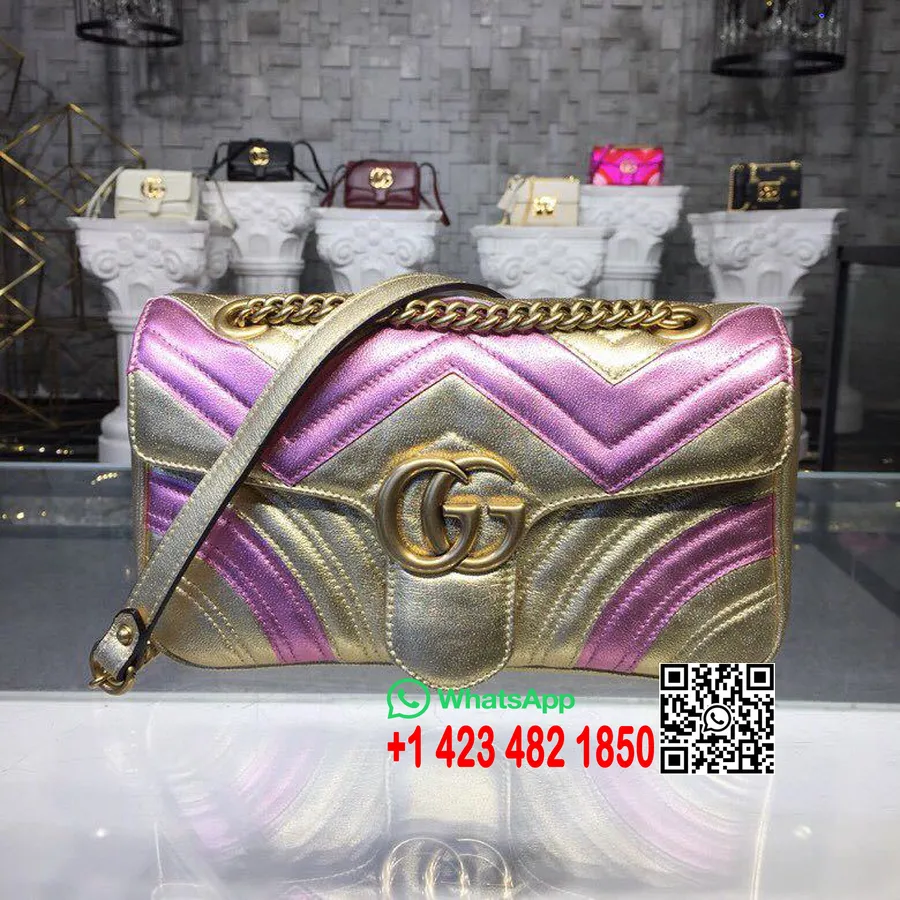 Gucci Gg Marmont Matelasse çanta 26cm Dana Derisi 443497 Ilkbahar/yaz 2019 Koleksiyonu, Pembe/altın Metalik