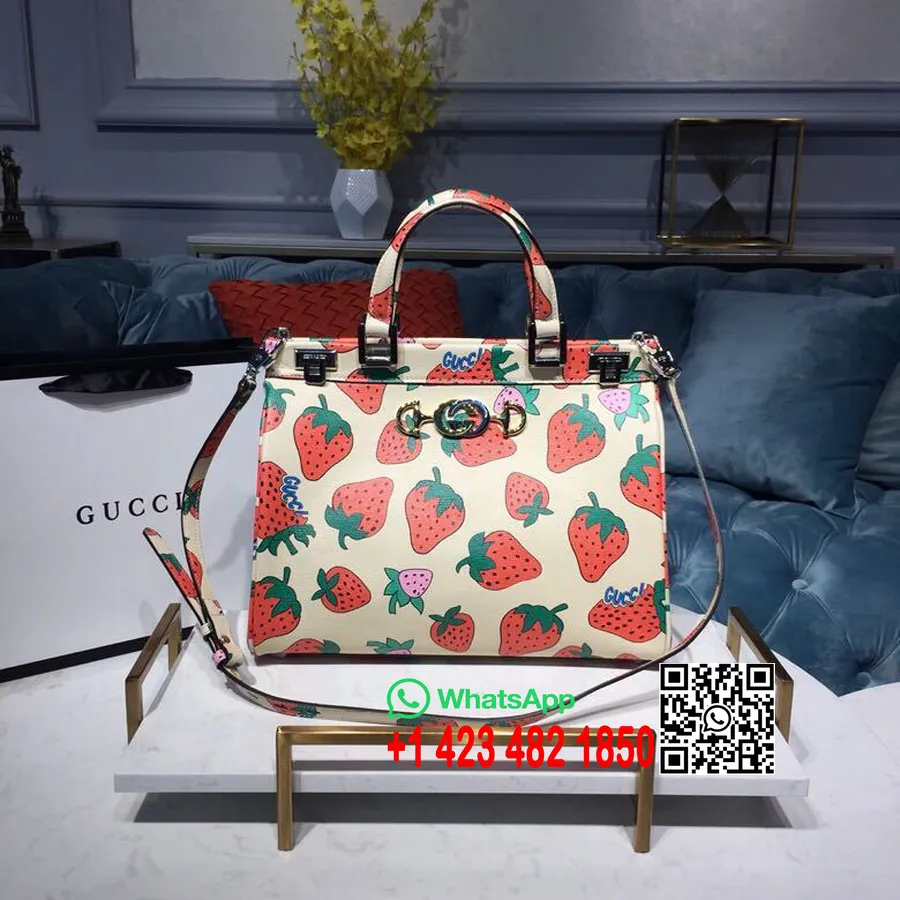 Gucci Zumi Strawberry Print Taška Na Vrchnej Rukoväti 34cm 564714 ​​teľacia Koža Kolekcia Jar/leto 2019, Biela