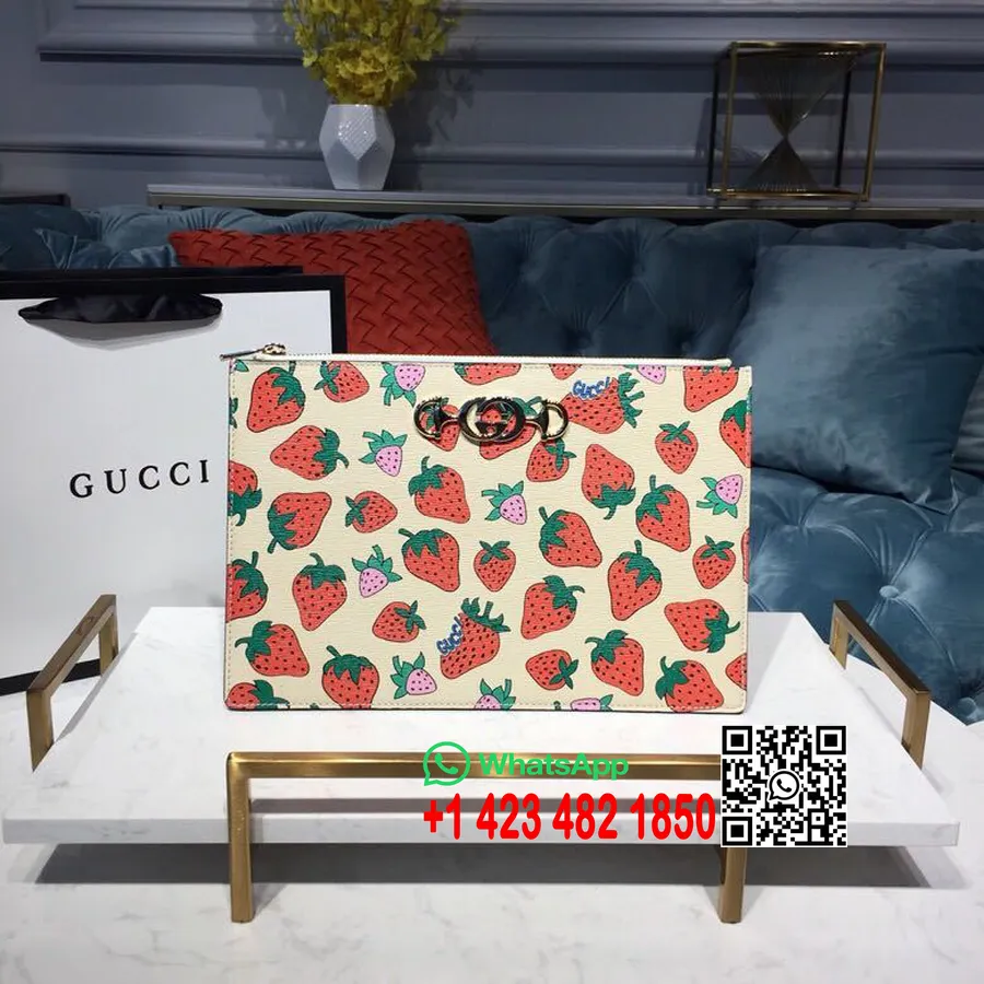 Tas Kantong Motif Stroberi Gucci Zumi 30cm 570728 Koleksi Musim Semi/musim Panas 2019 Kulit Anak Sapi, Putih