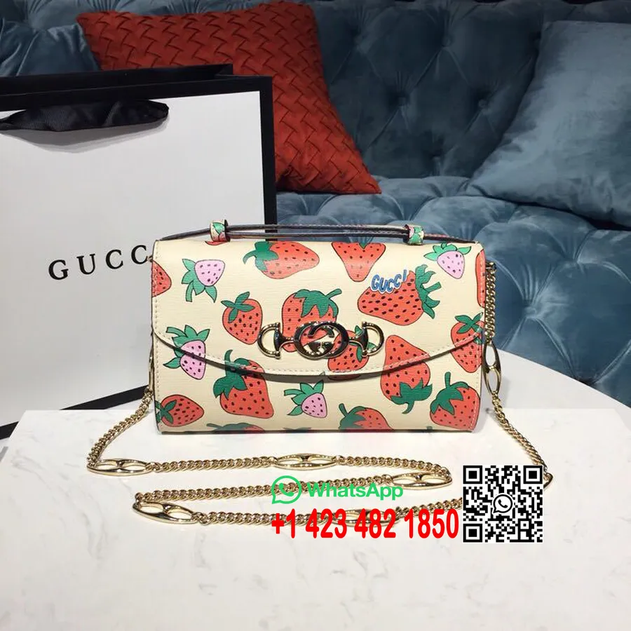 Gucci Zumi Schultertasche Mit Erdbeer-Print, 24 Cm, 564718, Kalbsleder, Frühjahr/Sommer-Kollektion 2019, Weiß