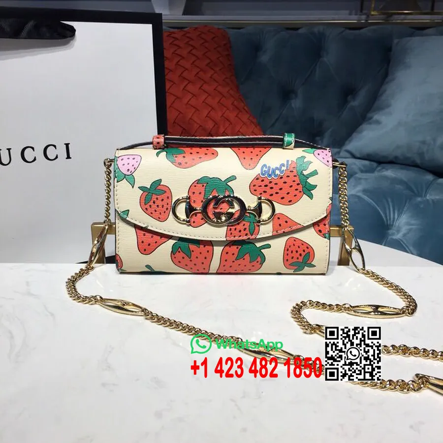 Gucci Zumi Çilek Desenli Mini Omuz Çantası 20cm 564718 Dana Derisi İlkbahar/Yaz 2019 Koleksiyonu, Beyaz