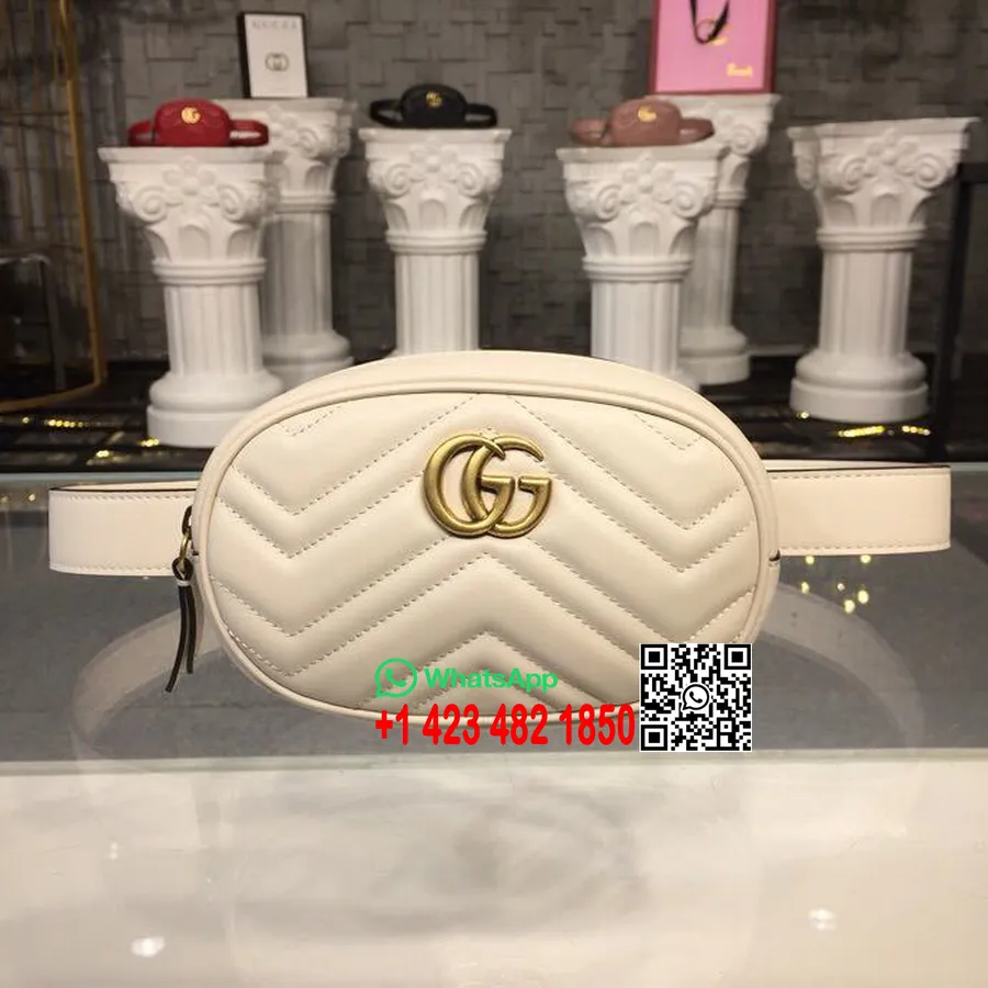 Gucci GG Marmont Matelasse Bel Çantası Bel Çantası 18cm 476434 Dana Derisi İlkbahar/Yaz 2018 Koleksiyonu, Beyaz