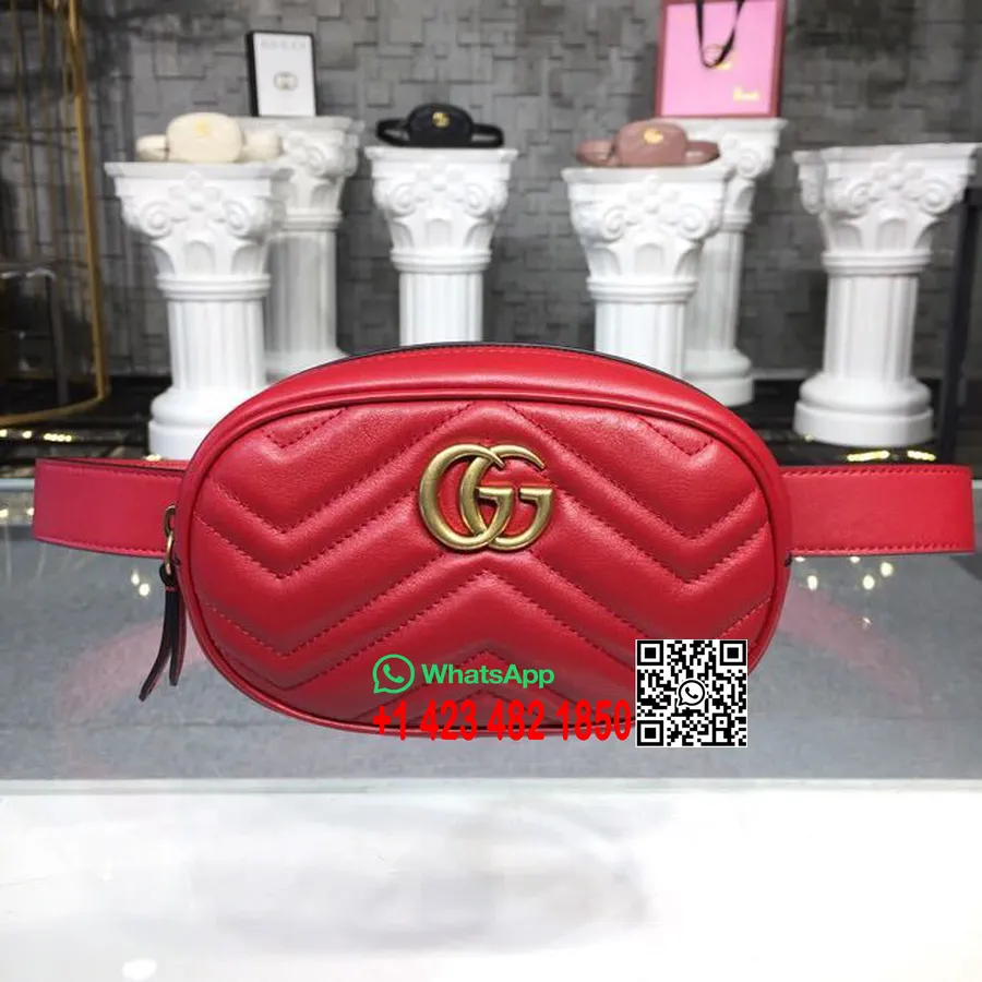 Gucci Gg Marmont Matelasse Fanny Pack Pasna Torba 18 Cm 476434 Kolekcija Pomlad/poletje 2018 Iz Telečjega Usnja, Rdeča