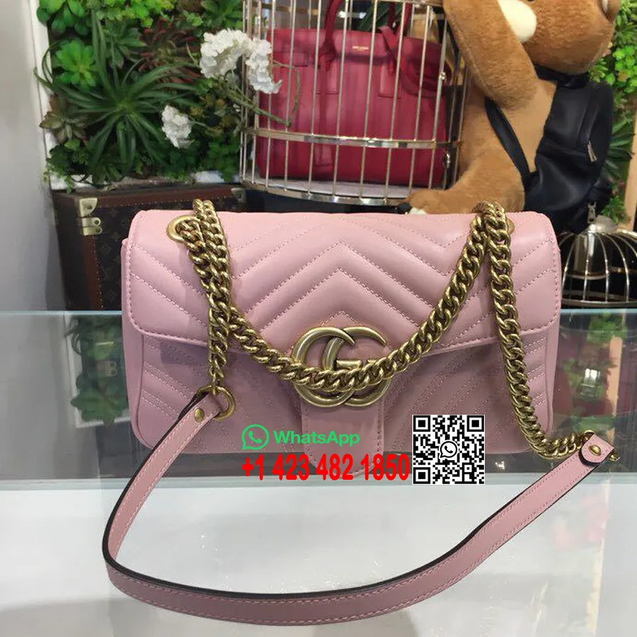 Bolsa De Ombro Gucci Marmont Matelassê 25cm 443496 Couro De Bezerro Coleção Primavera / Verão 2018, Rosa Empoeirado