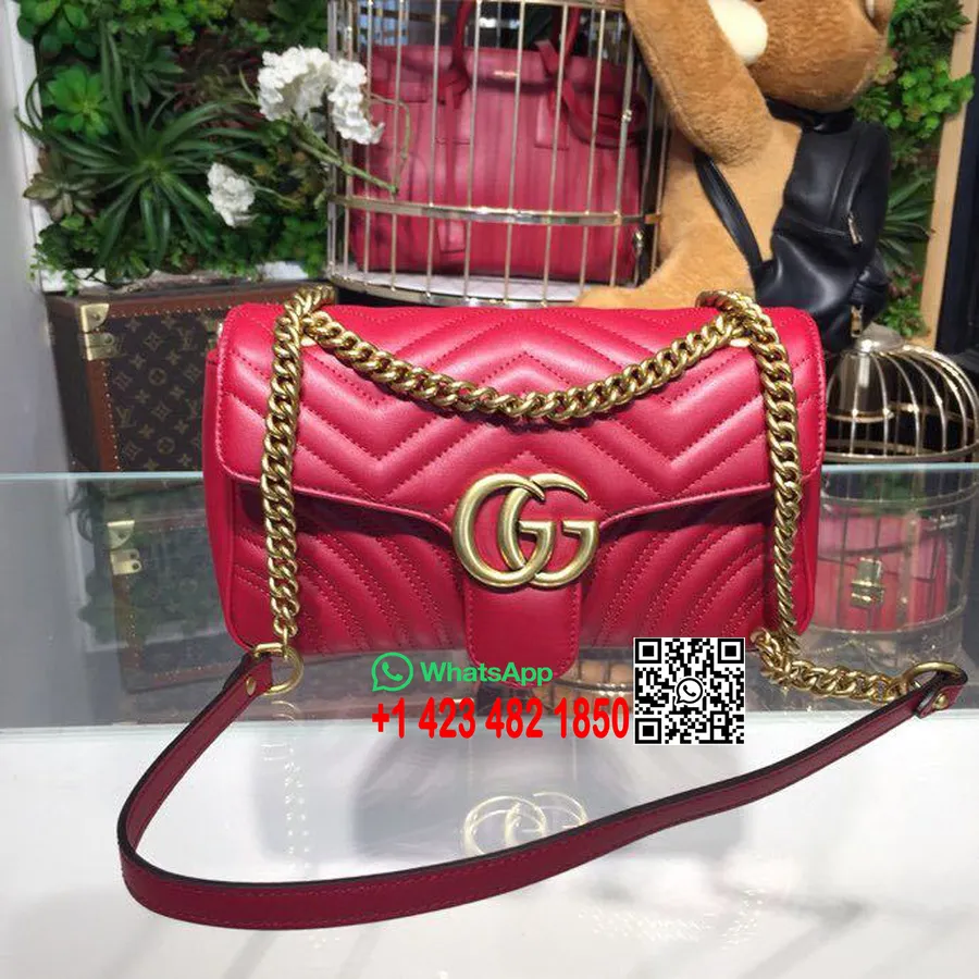 Gucci Marmont Matelasse Taška Přes Rameno 25cm 443496 Teletinová Kůže Kolekce Jaro/léto 2018, Ibišek červený