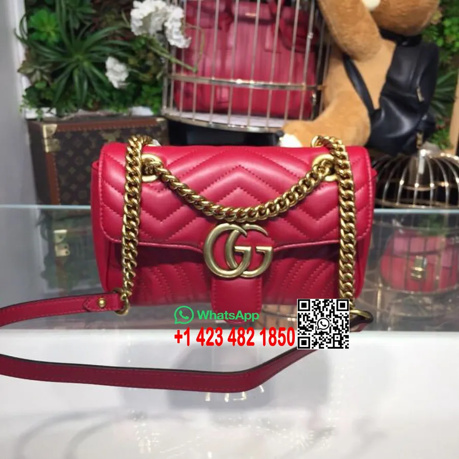 Gucci Marmont Matelasse Skulderveske 22cm 443497 Kalveskinn Vår/sommer 2018 Kolleksjon, Hibiscus Rød