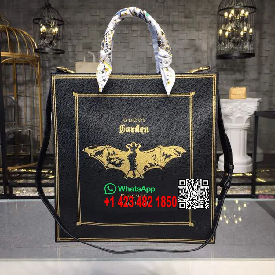 Gucci Alışveriş Yarasa İşlemeli Tote Çanta 35cm 450950 Dana Derisi İlkbahar/Yaz 2018 Koleksiyonu Siyah