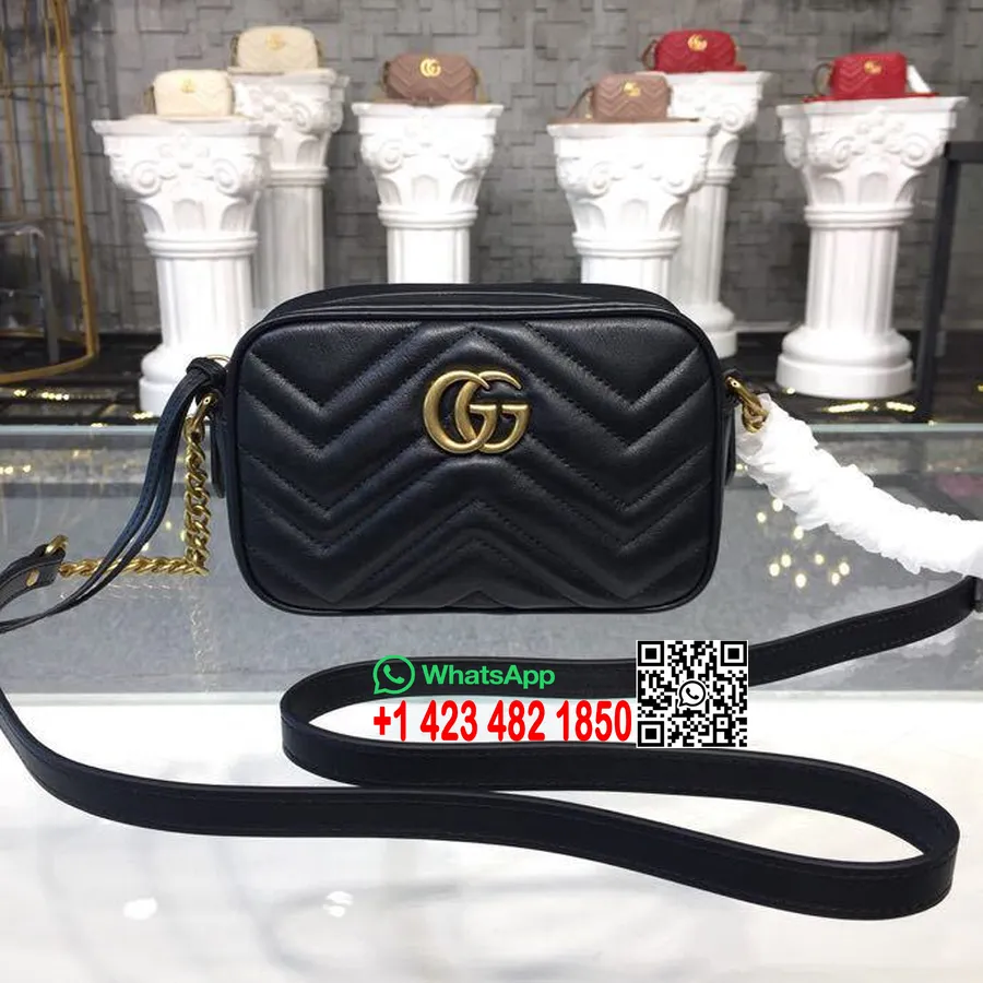 Gucci Marmont Mini Kamera Kılıfı Omuz Çantası 18 Cm 448065 Matelasse Chevron Deri İlkbahar/Yaz 2018 Koleksiyonu Siyah