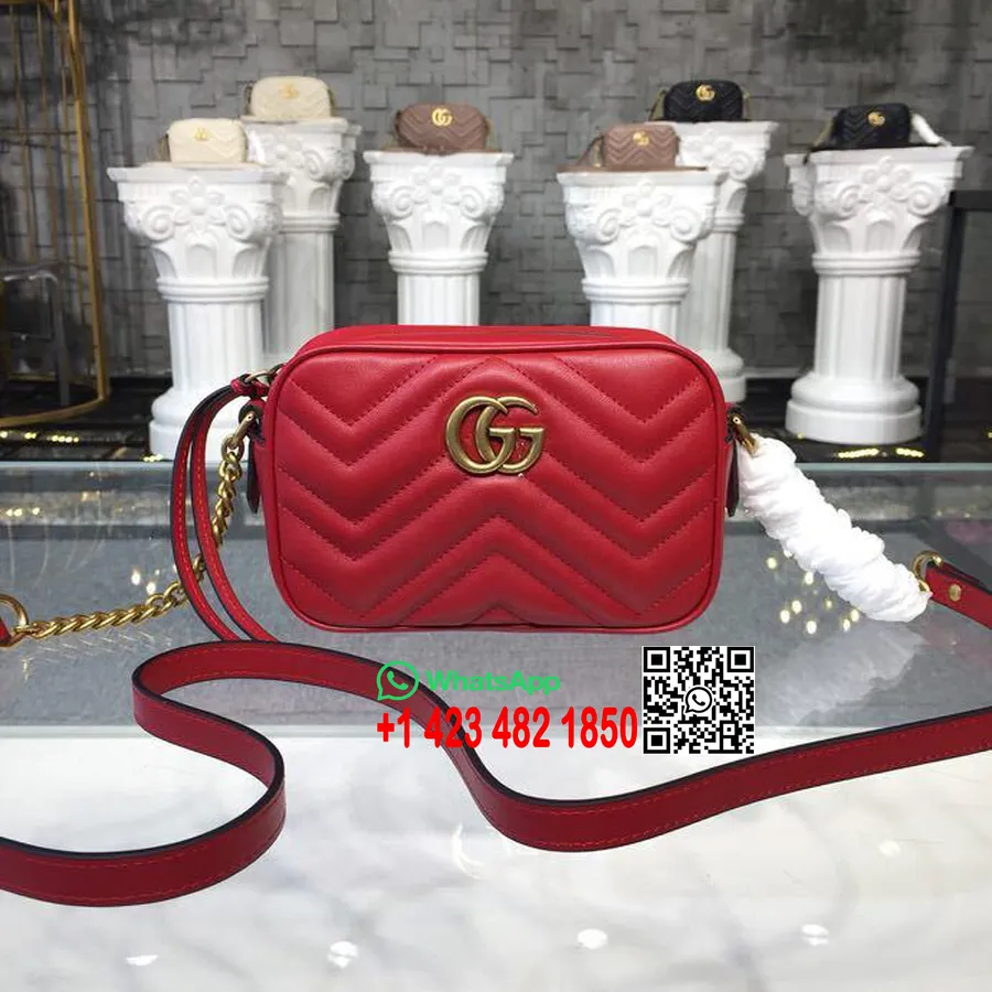 Gucci Marmont Mini Kamera Kılıfı Omuz Çantası 18 Cm 448065 Matelasse Chevron Deri İlkbahar/Yaz 2018 Koleksiyonu Kırmızı