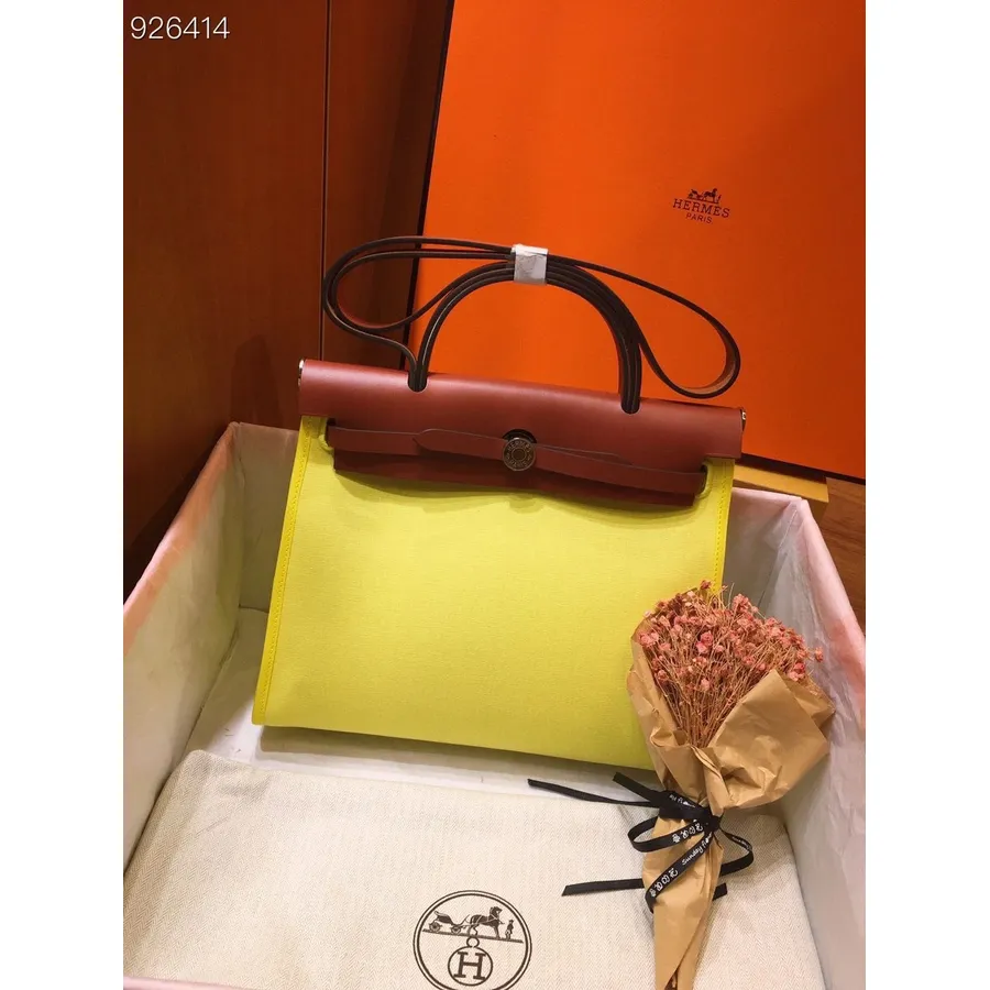 Hermes Toile Herbag Zips Pm 31 Cm Bavlnené Plátno Paládium Hardware, Sufre/sienna