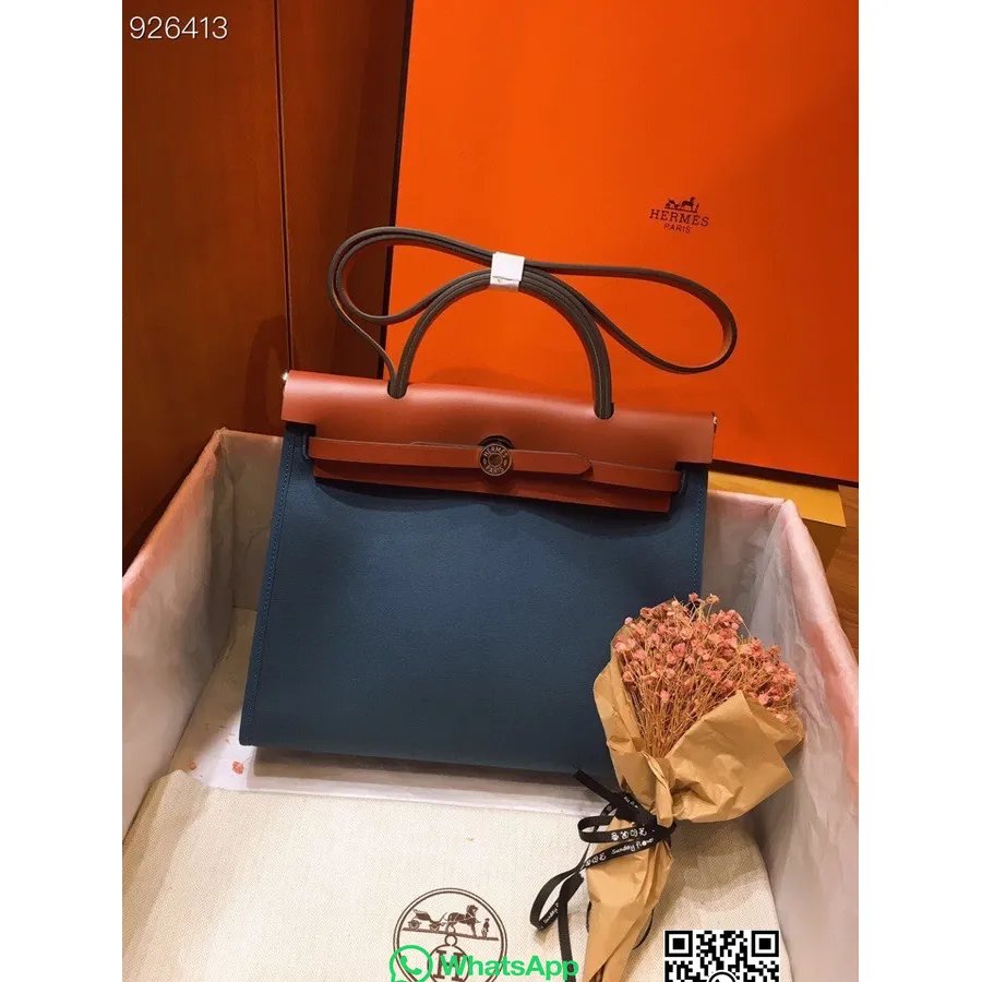 Hermes Toile Herbag Zip Pm 31 Cm Bavlnené Plátno Paládiové Kovanie, Modrý Depressed