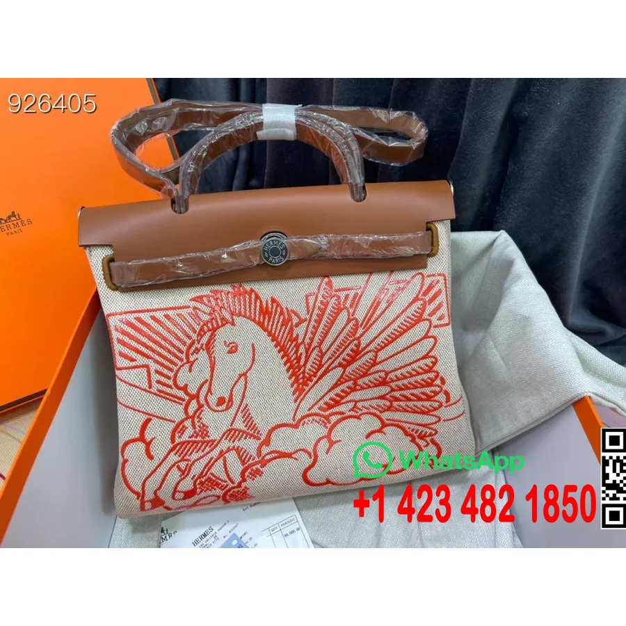 Hermes Herbag Pegase Pop Retourne Toile H/vache Hunter Herbag Zip Pm 31cm Bavlnené Plátno Paládium Hardware, Capucine/ecru-béžov