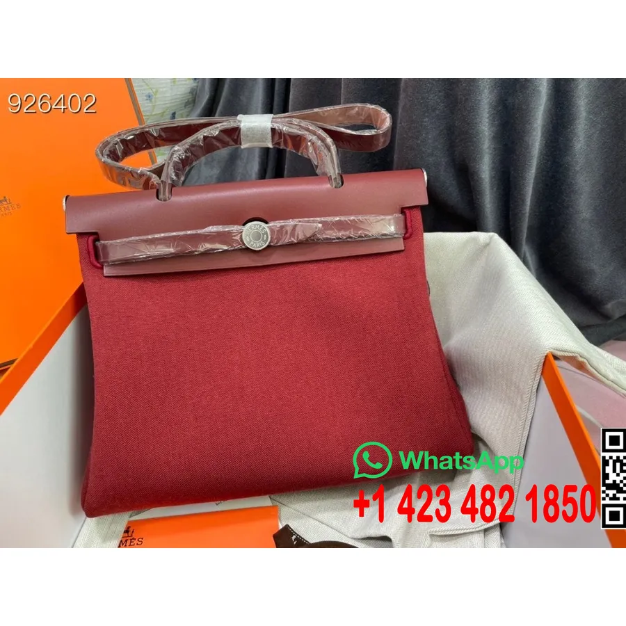 Hermes Toile H Herbag Zip Pm 31cm памучно платно паладиев хардуер, бордо Ficelle Rouge Piment