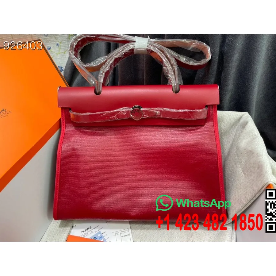 Hermes Herbag Laque Toile H Herbag Zip Pm 31cm Vache Hunter Läder/bomull Canvas Palladium Hårdvara, Rouge Piment