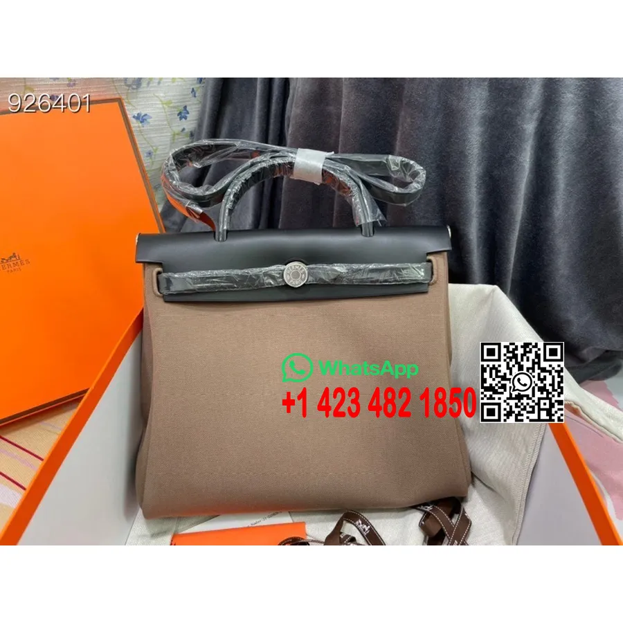 Hermes Toile H Hermes чанта с цип Pm 31cm памучно платно паладиев хардуер, коняк/черно