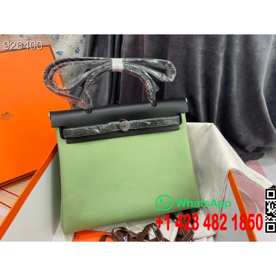 Hermes Toile Herbag Zip Pm 31 Cm Bavlnené Plátno Paládium Hardware, Vert Criquet/black