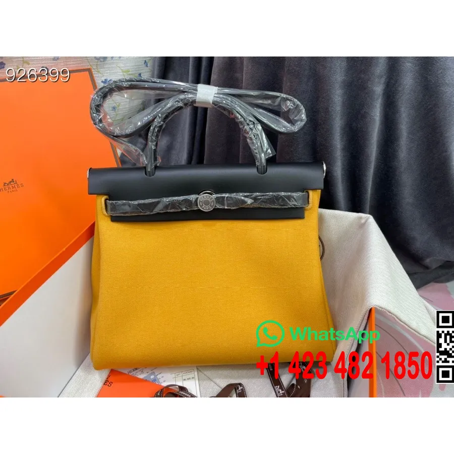 Hermes Toile H Herbag Zip Pm 31cm Kokvilnas Audekls Pallādija Aparatūra, Jaune D'or/black