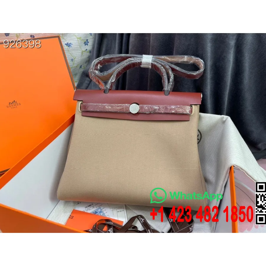 Hermes Toile H Herbag Tõmblukk Pm 31cm Puuvillane Lõuend Pallaadium Riistvara, Biskviit/sienna Pruun