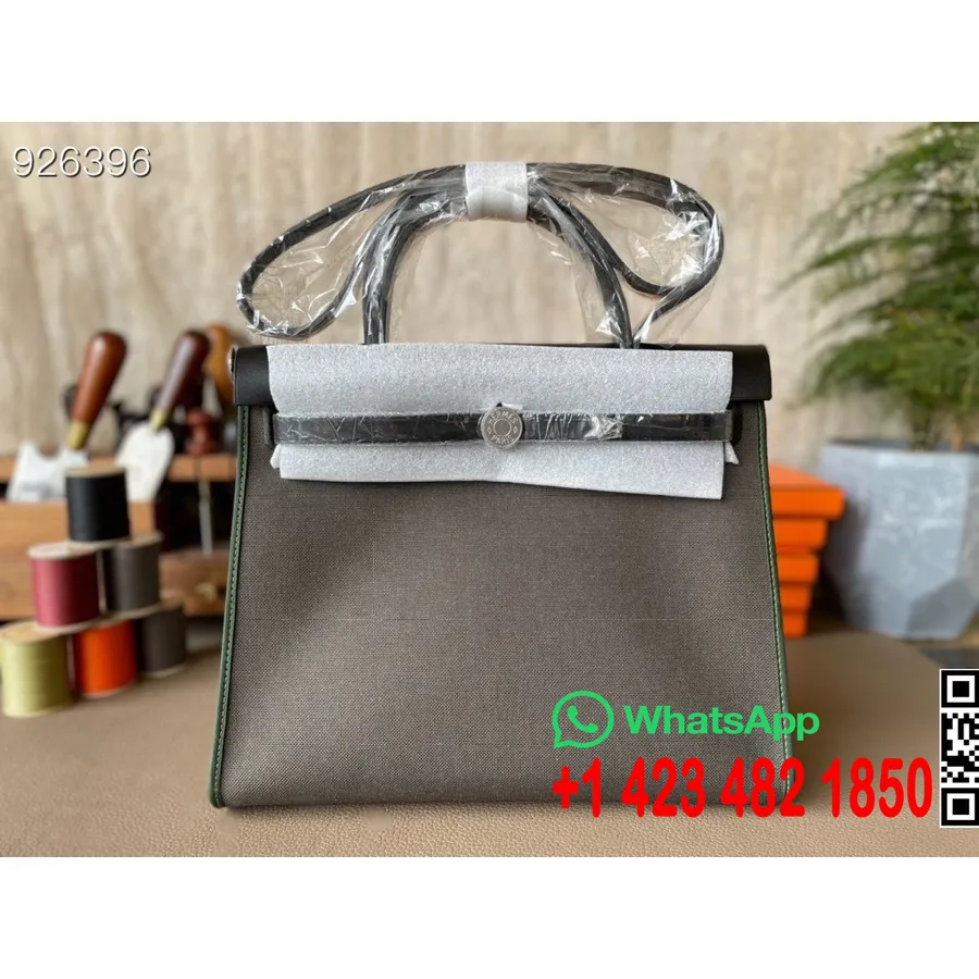 Hermes Toile H Herbag Zip Pm 31cm Kokvilnas Audekls Pallādija Aparatūra, Encorce/melns Ar Zaļu