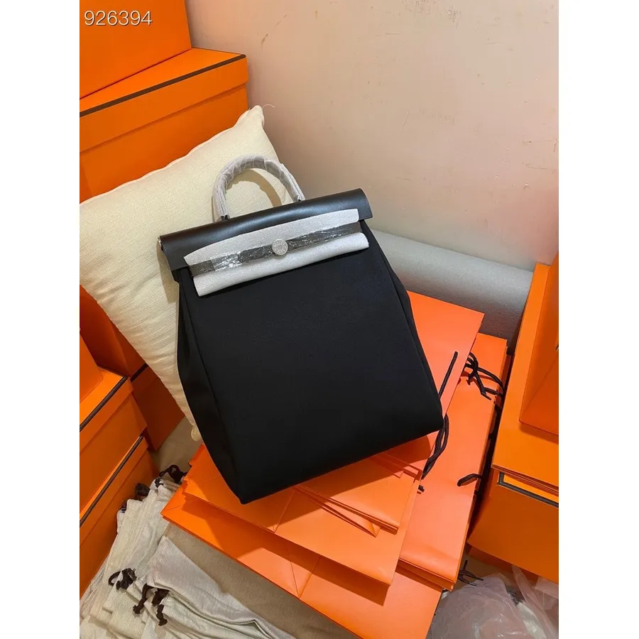 Hermes Toile H Herbag Sac A Dos Mugursoma Pm 30cm Kokvilnas Audekls Pallādija Aparatūra, Melna