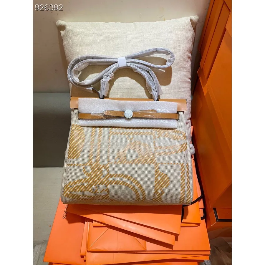 Hermes Tualete Brides De Gala Hunter Return Herbag Zip Pm 31cm Kokvilnas Audekls Pallādija Aparatūra, Dabīgs Vache Hunter Un Ekr