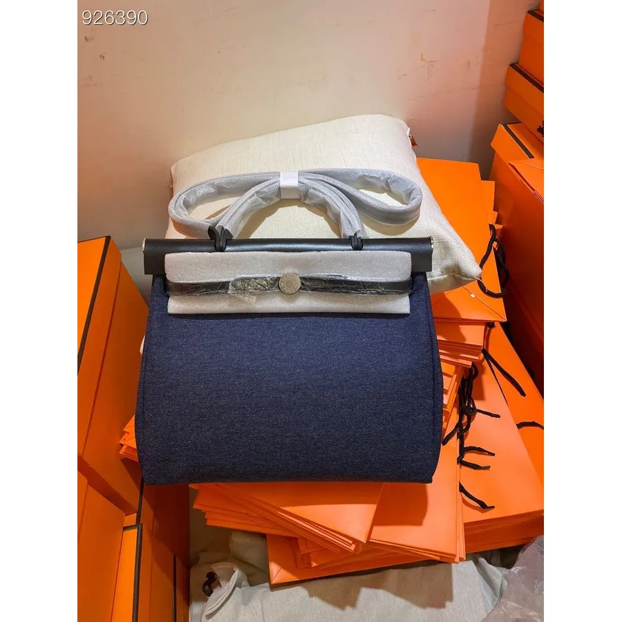 Hermes Toile H Herbag Zip Pm 31cm Kokvilnas Audekls Pallādija Aparatūra, Džinsa Fonce/melna