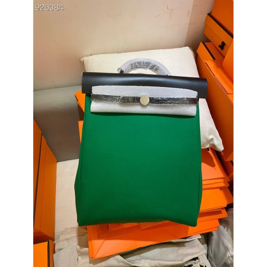 Hermes Toile H Herbag Sac A Dos Mugursoma Pm 30cm Kokvilnas Audekls Pallādija Aparatūra, Bambusa/melna