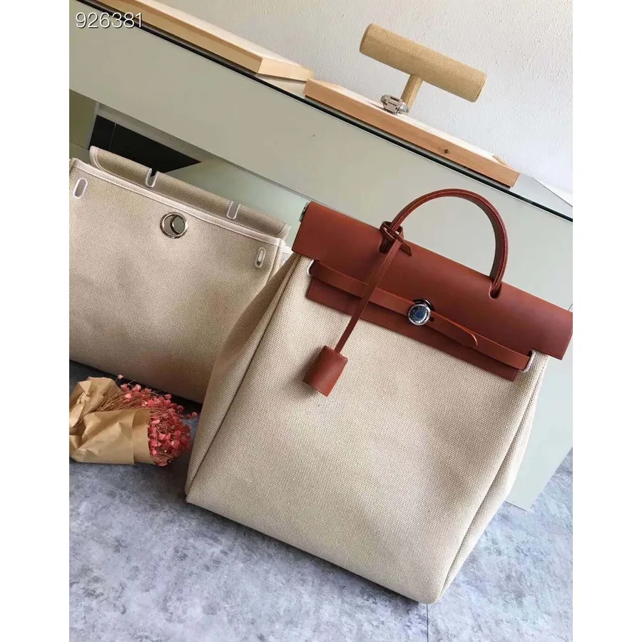 Hermes Toile H Herbag Sac A Dos Rucsac 2 în 1 Pm Pânză De Bumbac 30 Cm Hardware Paladiu, Bej/barenia