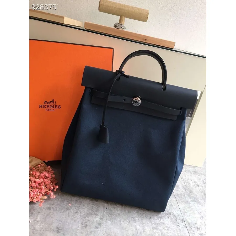 Hermes Toile H Herbag Sac A Dos Rucsac 2 în 1 Pm 30 Cm Pânză De Bumbac Hardware Paladiu, Bleumarin/negru