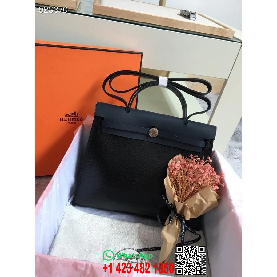 Hermes Herbag Laque Toile H Herbag Zip Pm 31cm Vache Hunter/bumbac Pânză Piele Paladiu Hardware, Negru/ecru