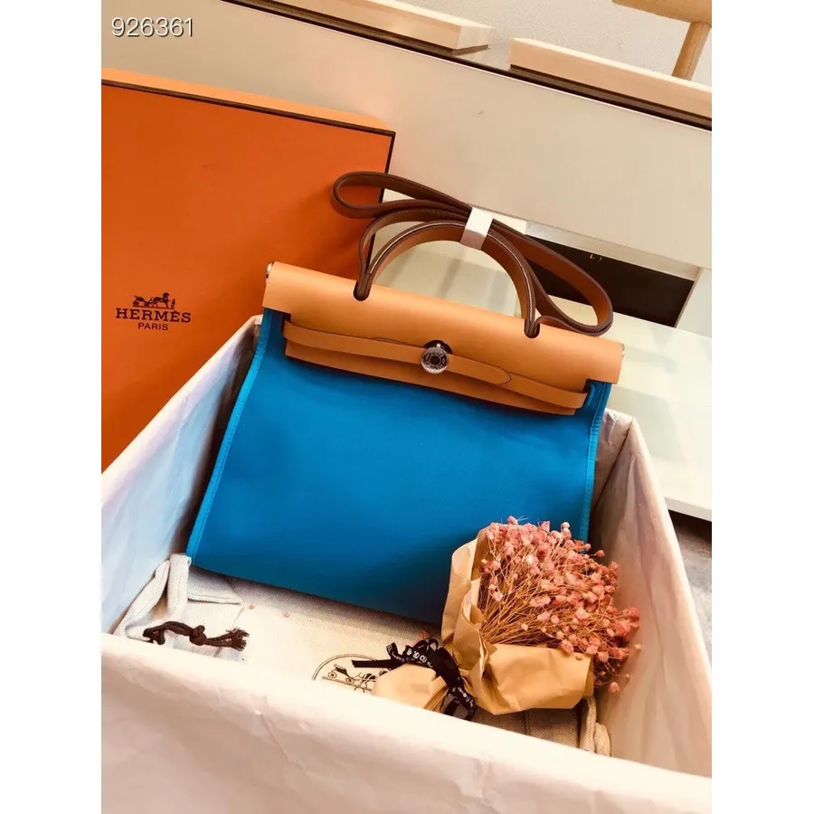 Hermes Toile H Herbag Zip Pm 31 Cm Pânză De Bumbac Hardware Paladiu, Albastru Frida/maro