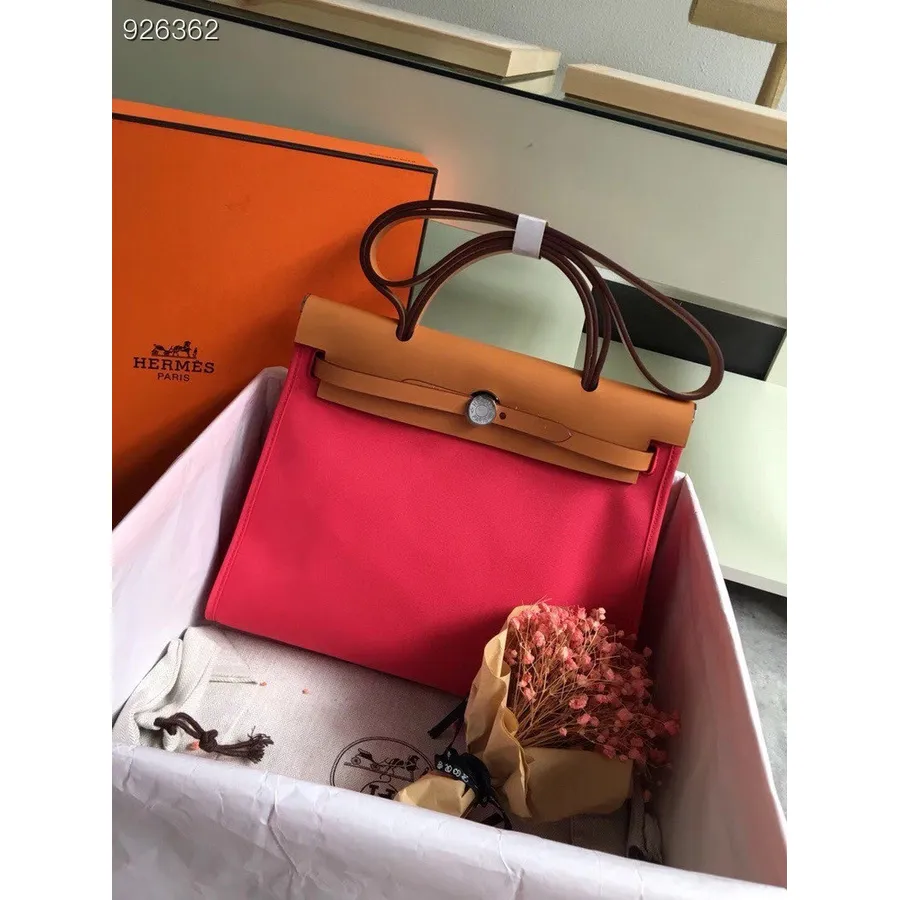 Hermes Toile H Herbag Zip Pm 31 Cm Pânză De Bumbac Hardware Paladiu, Trandafir Mexic/maro