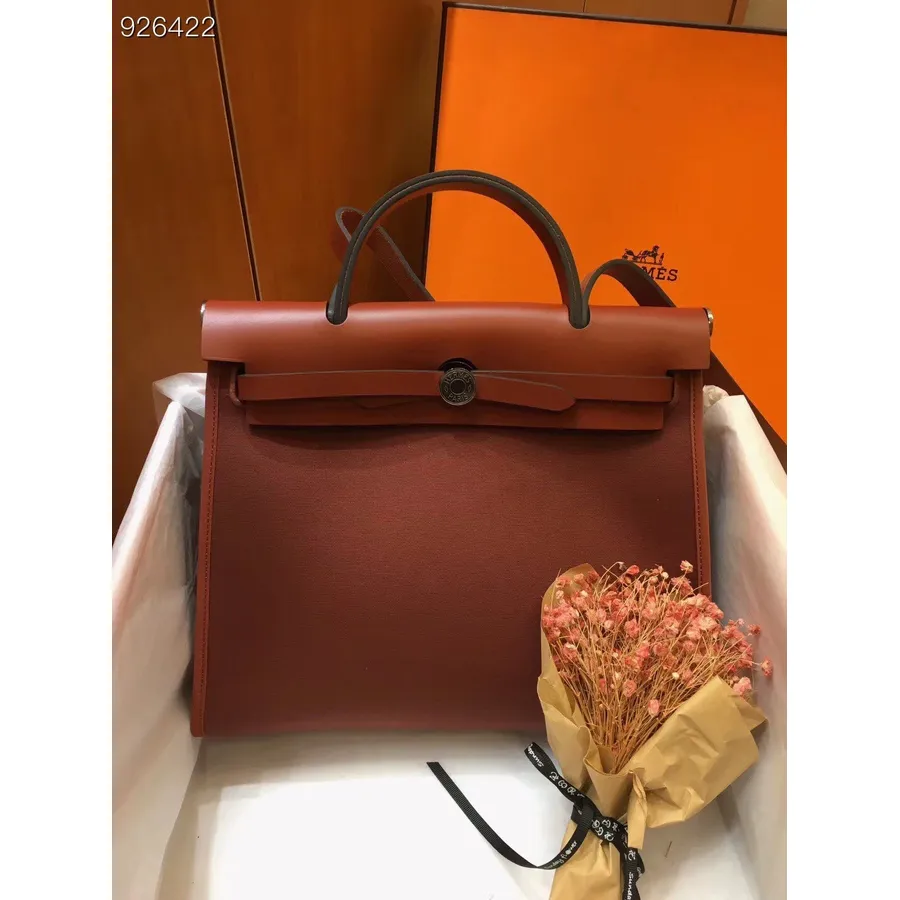 Hermes Toile H Herbag Zip Pm 31 Cm Pânză De Bumbac Hardware Paladiu, Maro Siena