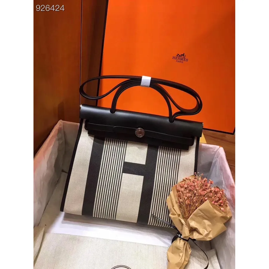 Hermes Vache Hunter Toile H Vibration Herbag Fermoar 31 Pm Bumbac Pânză Paladiu Hardware, Ecru Negru Alb