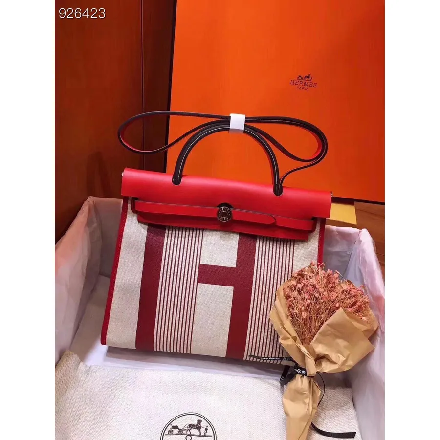 Hermes Vache Hunter Toile H Vibration Herbag Fermoar 31 Pm Bumbac Pânză Paladiu Hardware, Bordeaux Ficelle Rouge Piment