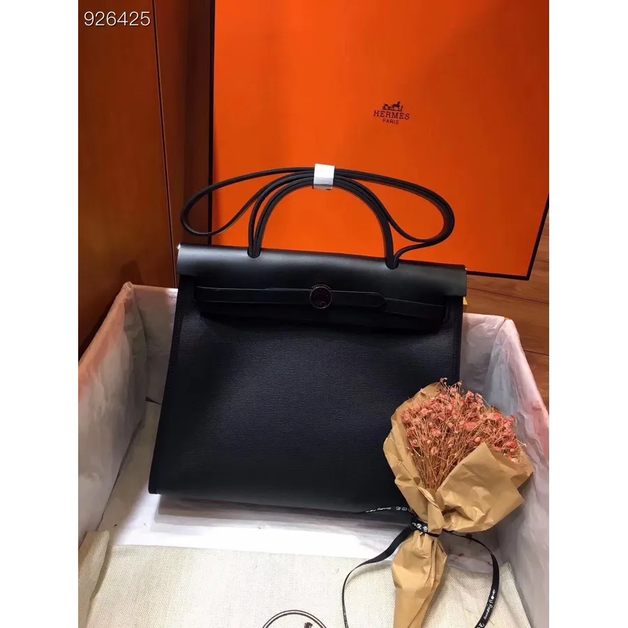 Hermes Toile H Herbag Vetoketju Pm 31cm Puuvillakangas Palladium Laitteisto, Musta/musta Beige