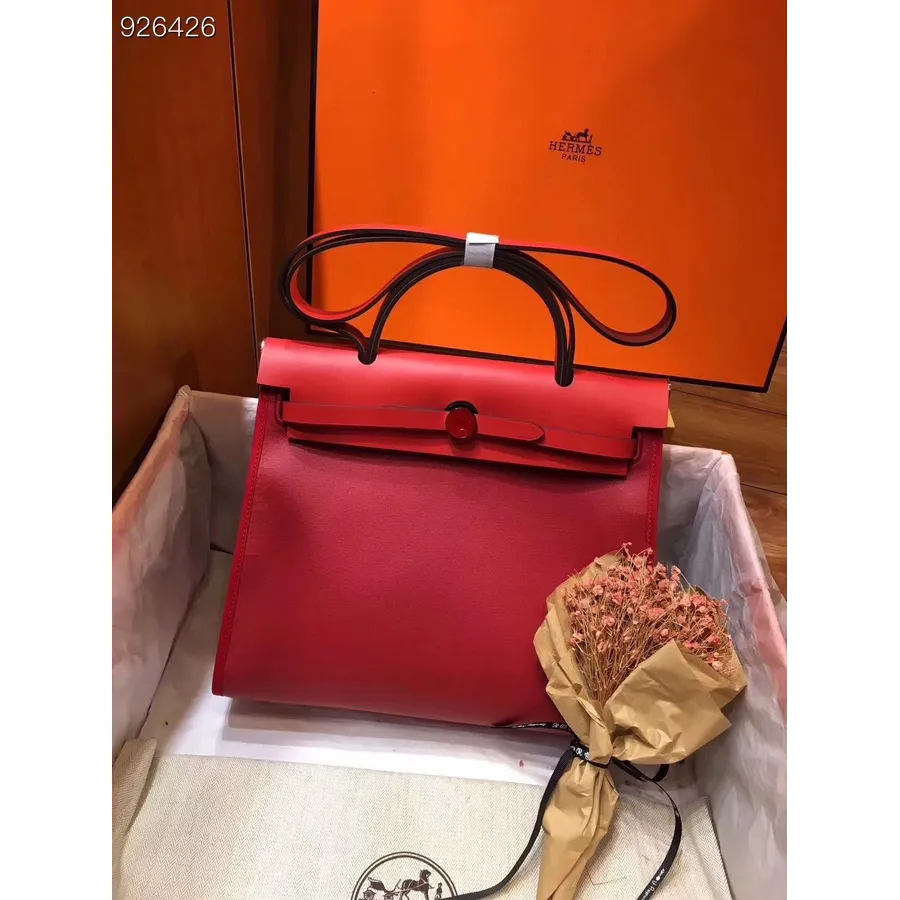 Hermes Toile H Herbag Zip Pm 31 Cm Pânză De Bumbac Hardware Paladiu, Rubin/roșu Cu Bej