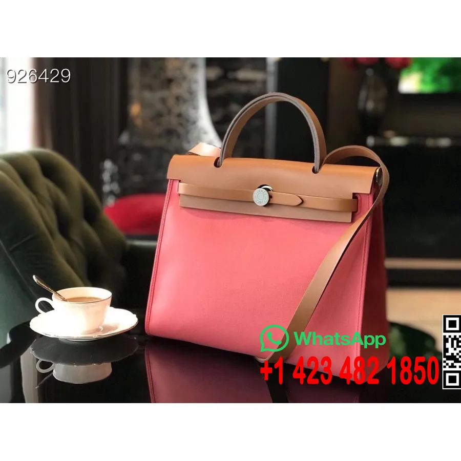 Hermes Toile H Herbag Zip Pm 31cm Bavlněné Plátno Palladium Hardware, Růže Azalka/zlato