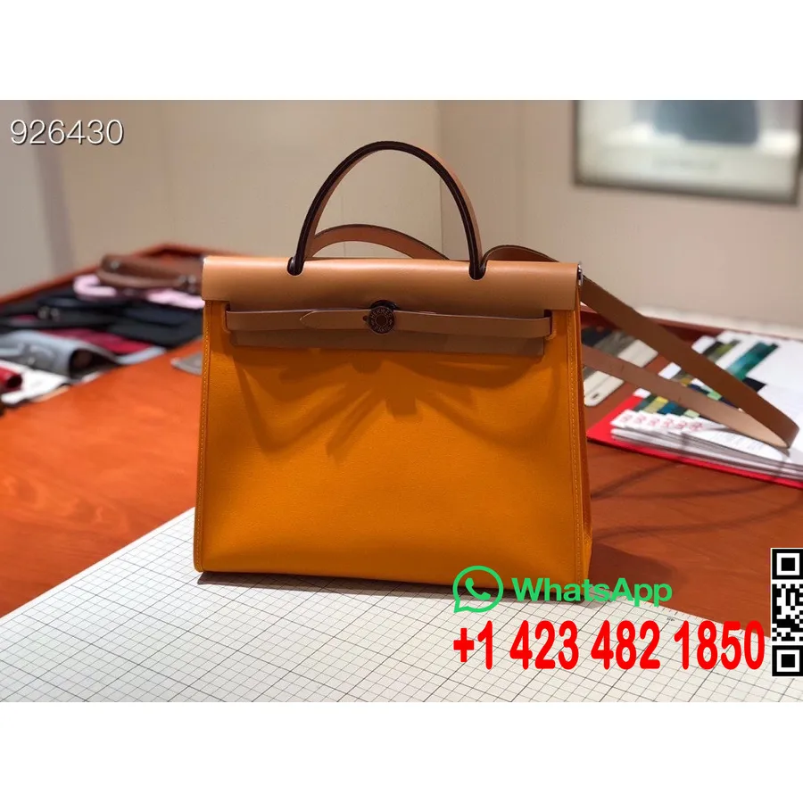 Hermes Toile H Herbag Zip Pm 31cm Bavlněné Plátno Palladium Hardware, Poitron Oranžová/zlatá